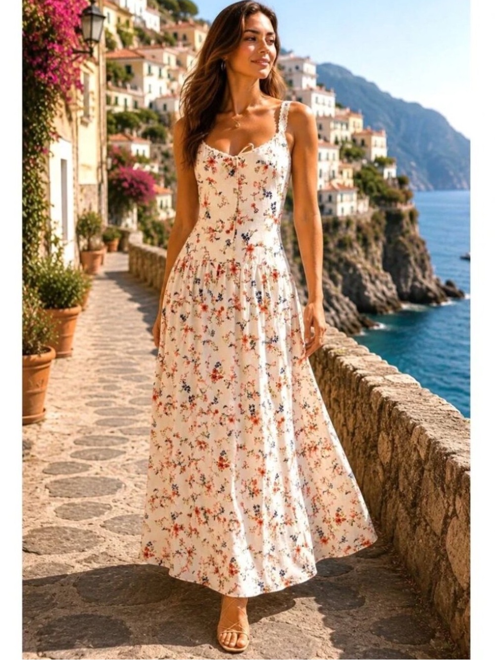 Caroline Constas Creamy Floral Adjustable Strap Linen Blend Maxi Dress